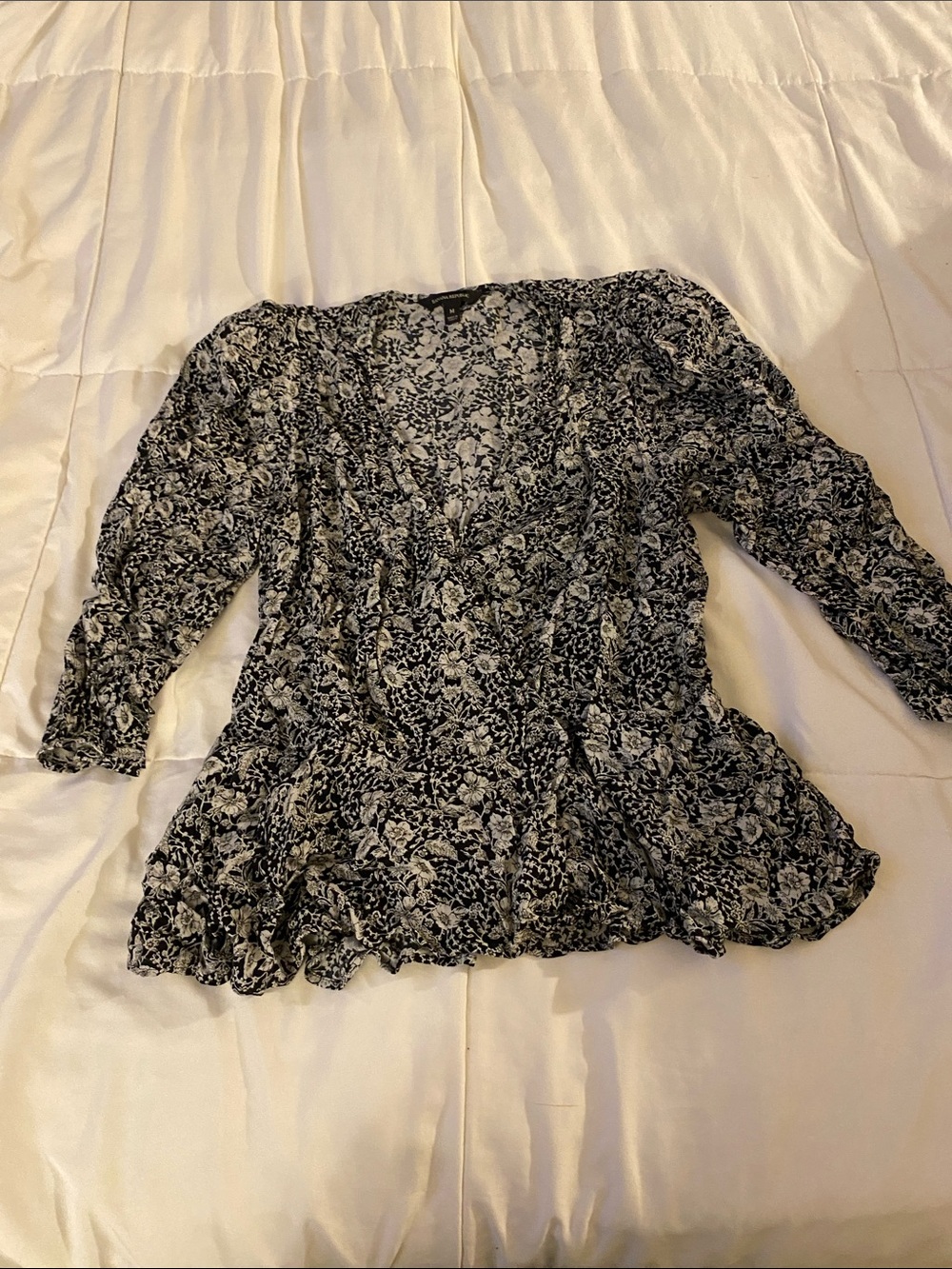 Banana Republic Black and White Floral Wrap-Style Blouse